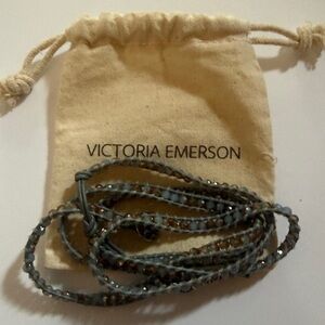 Victoria Emerson Beaded Wrap Bracelet Leather Gray&Iridescent Beads Silver Tone